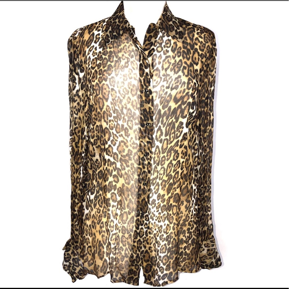 PAMELA DENNIS LEOPARD PRINT MESH BLOUSE